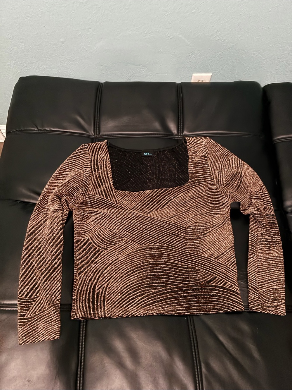 Sky Brown & Black Metallic Pattern Square-Neck Sweater